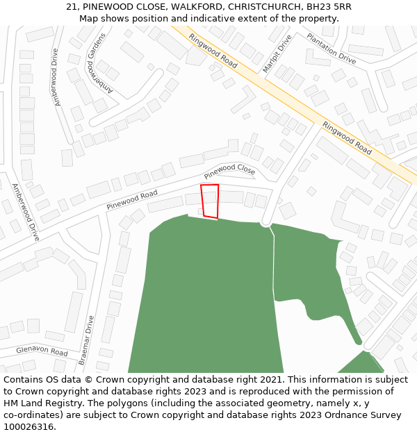 21, PINEWOOD CLOSE, WALKFORD, CHRISTCHURCH, BH23 5RR: Location map and indicative extent of plot