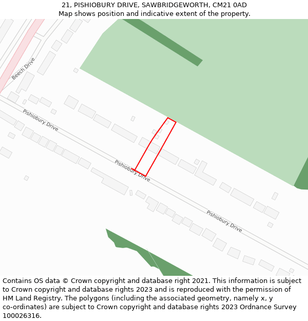 21, PISHIOBURY DRIVE, SAWBRIDGEWORTH, CM21 0AD: Location map and indicative extent of plot