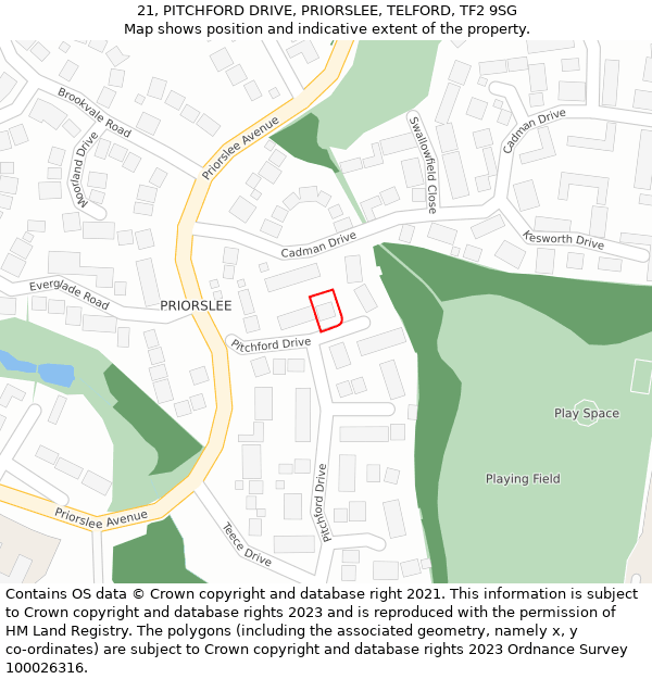 21, PITCHFORD DRIVE, PRIORSLEE, TELFORD, TF2 9SG: Location map and indicative extent of plot