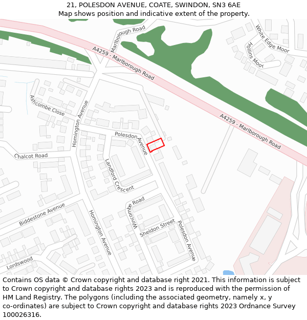 21, POLESDON AVENUE, COATE, SWINDON, SN3 6AE: Location map and indicative extent of plot