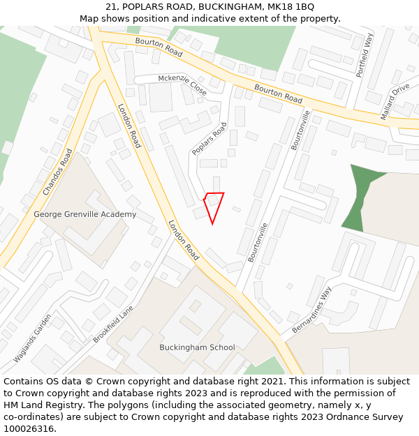 21, POPLARS ROAD, BUCKINGHAM, MK18 1BQ: Location map and indicative extent of plot