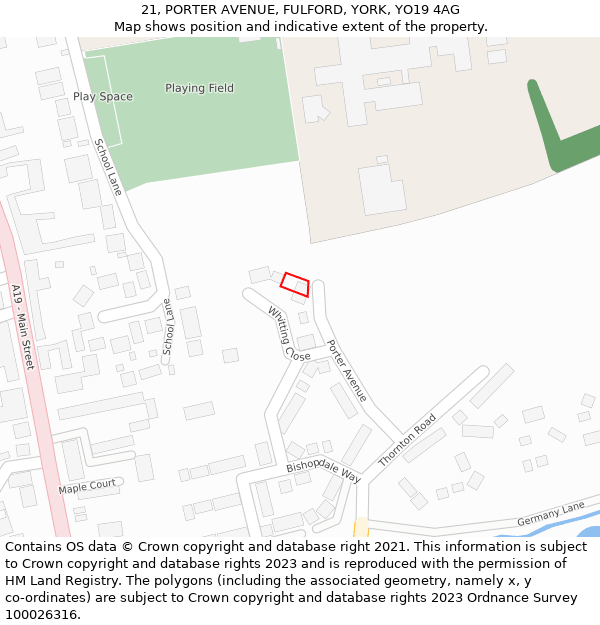 21, PORTER AVENUE, FULFORD, YORK, YO19 4AG: Location map and indicative extent of plot