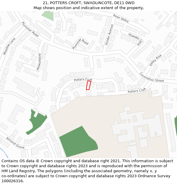 21, POTTERS CROFT, SWADLINCOTE, DE11 0WD: Location map and indicative extent of plot