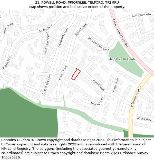 21, POWELL ROAD, PRIORSLEE, TELFORD, TF2 9RU: Location map and indicative extent of plot