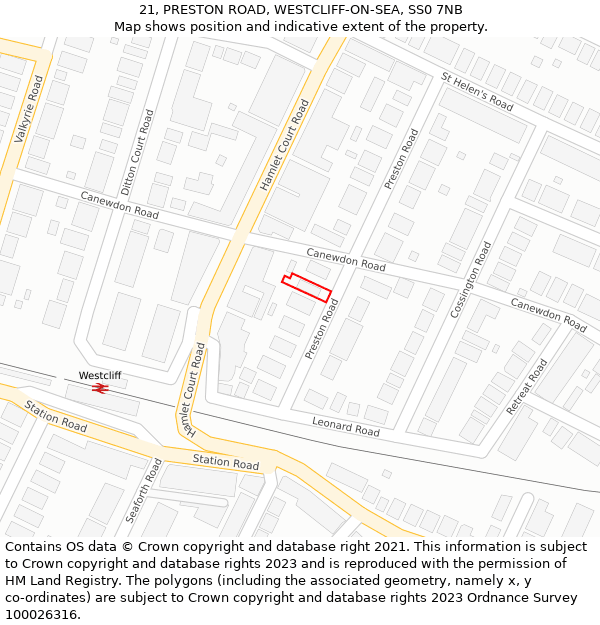 21, PRESTON ROAD, WESTCLIFF-ON-SEA, SS0 7NB: Location map and indicative extent of plot