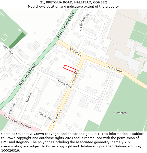 21, PRETORIA ROAD, HALSTEAD, CO9 2EQ: Location map and indicative extent of plot