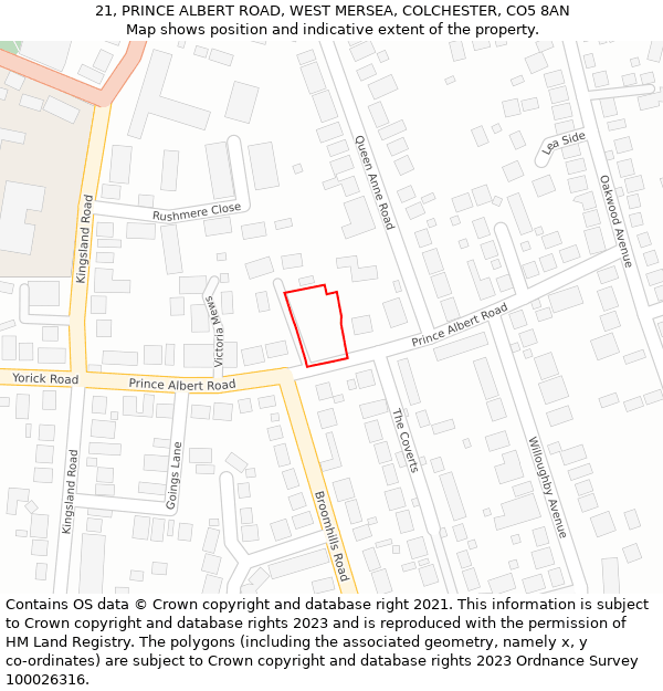 21, PRINCE ALBERT ROAD, WEST MERSEA, COLCHESTER, CO5 8AN: Location map and indicative extent of plot