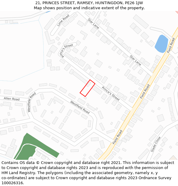 21, PRINCES STREET, RAMSEY, HUNTINGDON, PE26 1JW: Location map and indicative extent of plot