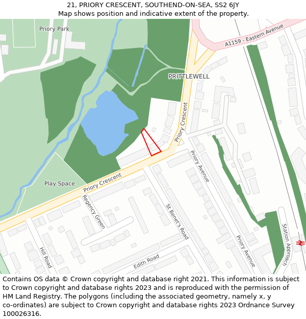 21, PRIORY CRESCENT, SOUTHEND-ON-SEA, SS2 6JY: Location map and indicative extent of plot