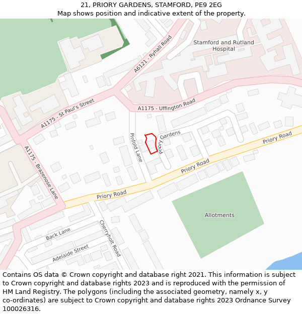 21, PRIORY GARDENS, STAMFORD, PE9 2EG: Location map and indicative extent of plot