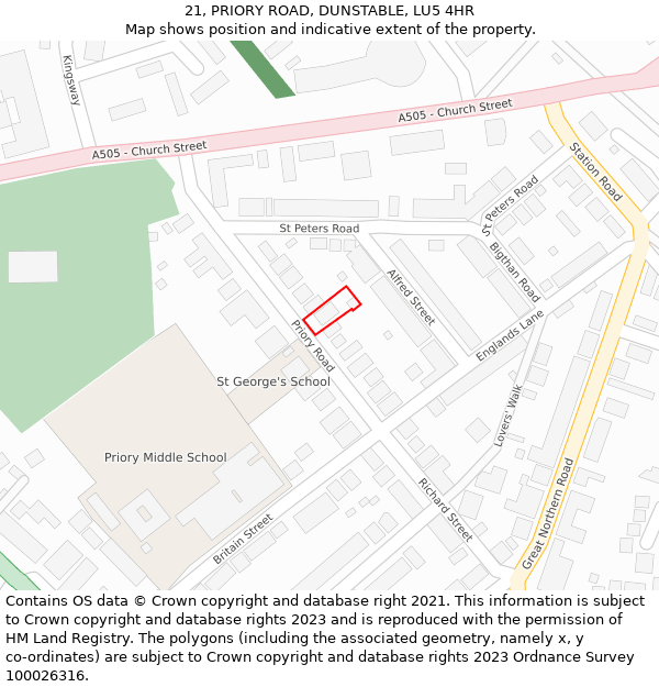 21, PRIORY ROAD, DUNSTABLE, LU5 4HR: Location map and indicative extent of plot