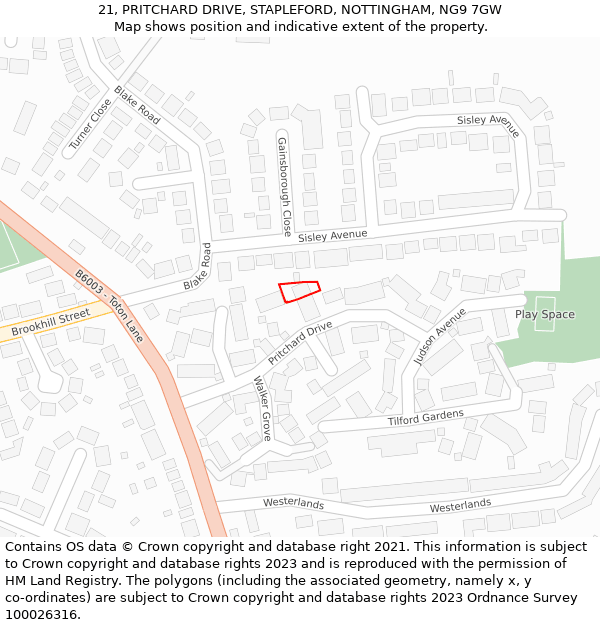 21, PRITCHARD DRIVE, STAPLEFORD, NOTTINGHAM, NG9 7GW: Location map and indicative extent of plot