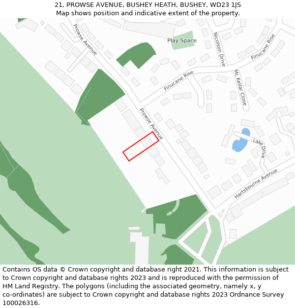 21, PROWSE AVENUE, BUSHEY HEATH, BUSHEY, WD23 1JS: Location map and indicative extent of plot