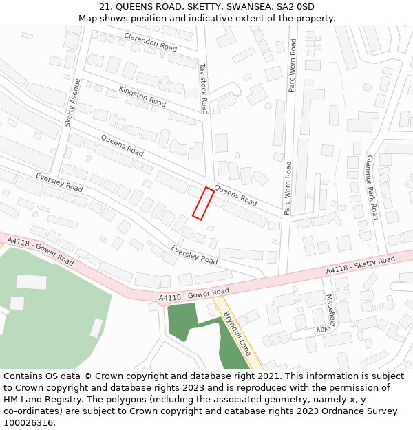 21, QUEENS ROAD, SKETTY, SWANSEA, SA2 0SD: Location map and indicative extent of plot