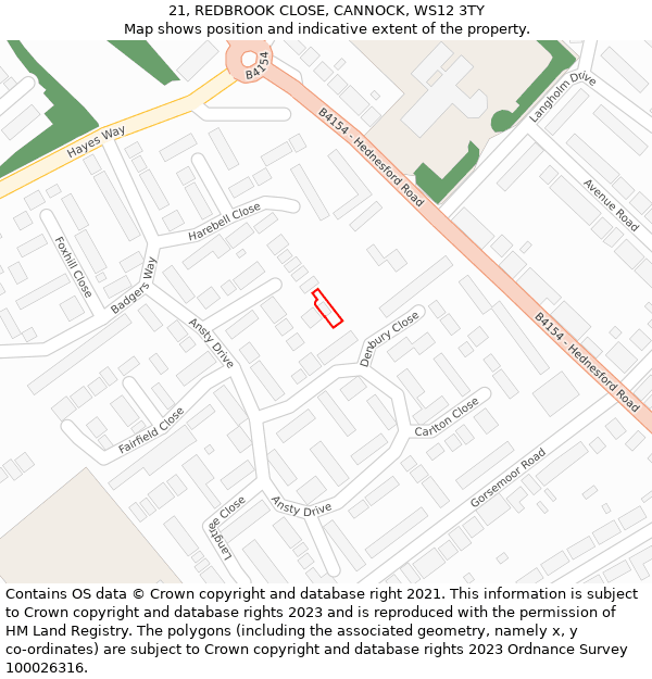 21, REDBROOK CLOSE, CANNOCK, WS12 3TY: Location map and indicative extent of plot