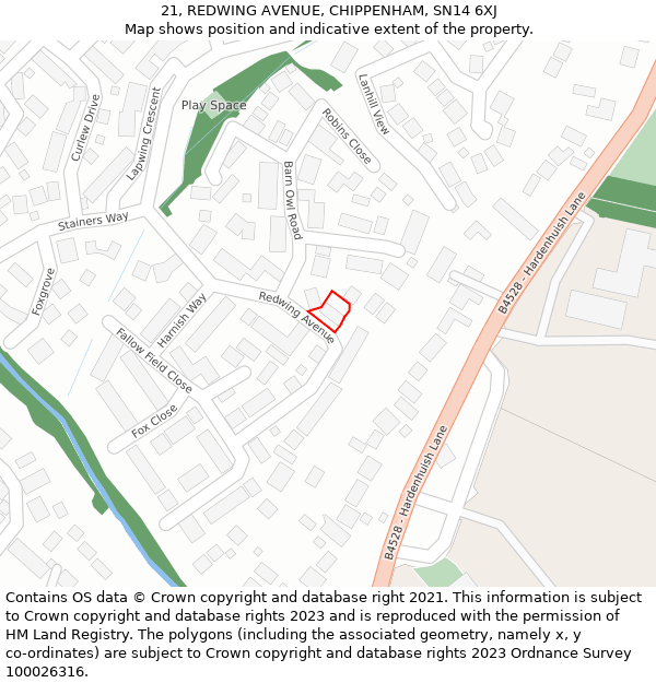 21, REDWING AVENUE, CHIPPENHAM, SN14 6XJ: Location map and indicative extent of plot