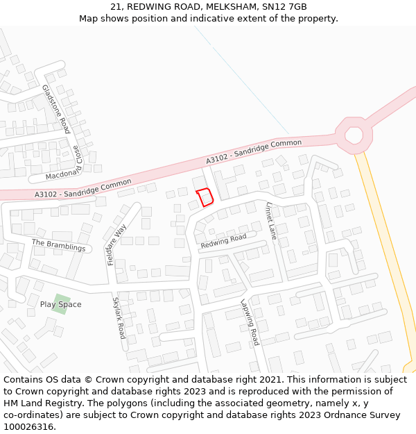 21, REDWING ROAD, MELKSHAM, SN12 7GB: Location map and indicative extent of plot