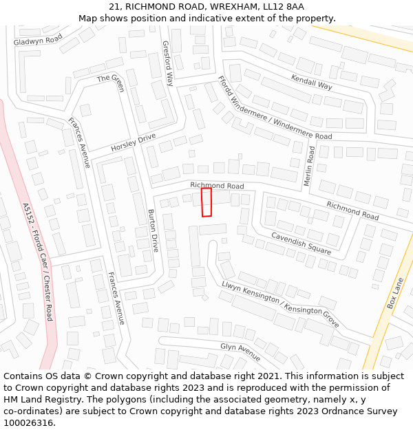 21, RICHMOND ROAD, WREXHAM, LL12 8AA: Location map and indicative extent of plot