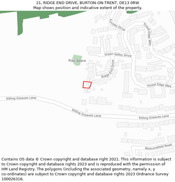 21, RIDGE END DRIVE, BURTON-ON-TRENT, DE13 0RW: Location map and indicative extent of plot
