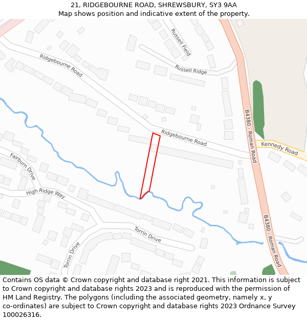 21, RIDGEBOURNE ROAD, SHREWSBURY, SY3 9AA: Location map and indicative extent of plot