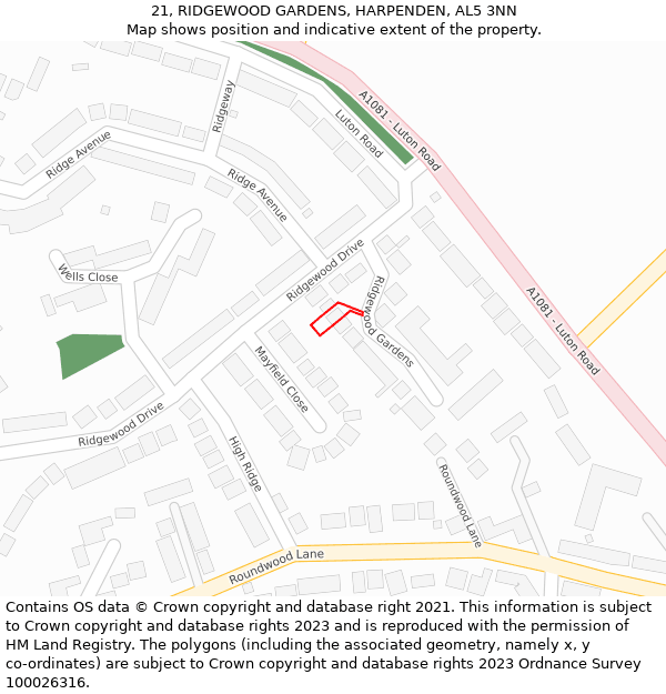 21, RIDGEWOOD GARDENS, HARPENDEN, AL5 3NN: Location map and indicative extent of plot