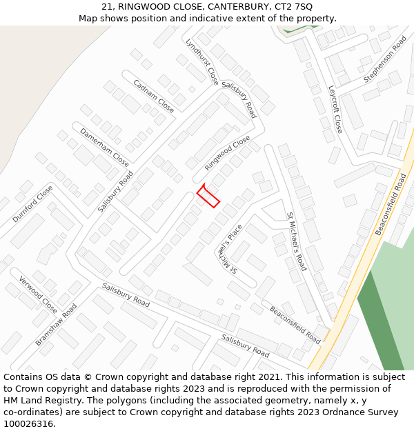 21, RINGWOOD CLOSE, CANTERBURY, CT2 7SQ: Location map and indicative extent of plot