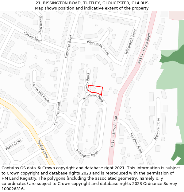 21, RISSINGTON ROAD, TUFFLEY, GLOUCESTER, GL4 0HS: Location map and indicative extent of plot