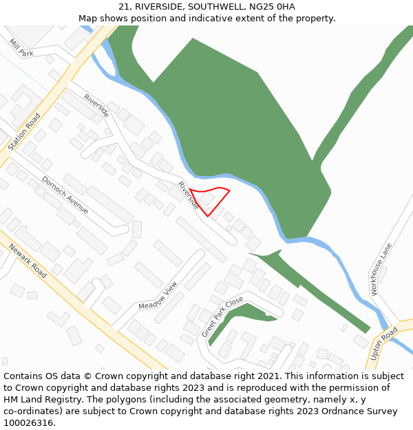 21, RIVERSIDE, SOUTHWELL, NG25 0HA: Location map and indicative extent of plot