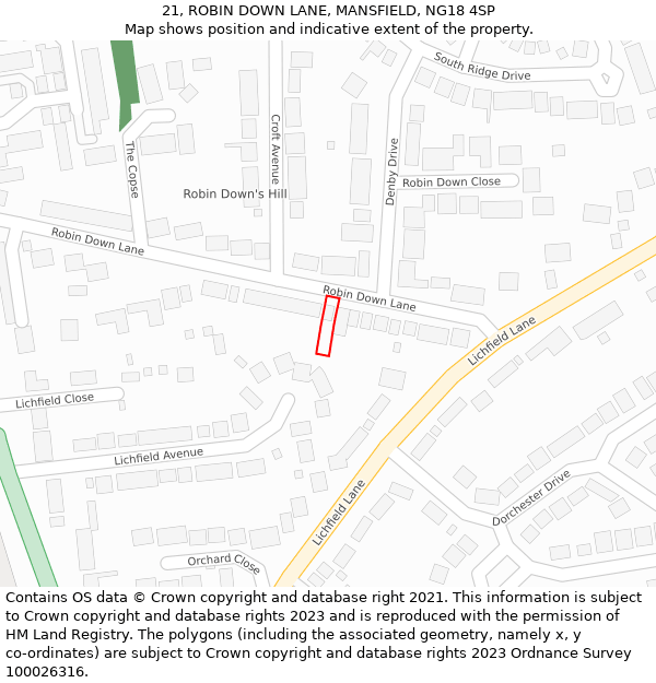 21, ROBIN DOWN LANE, MANSFIELD, NG18 4SP: Location map and indicative extent of plot