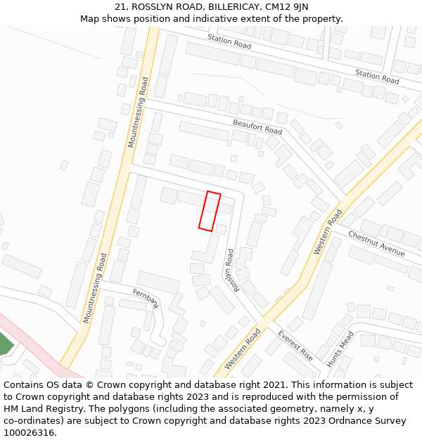 21, ROSSLYN ROAD, BILLERICAY, CM12 9JN: Location map and indicative extent of plot