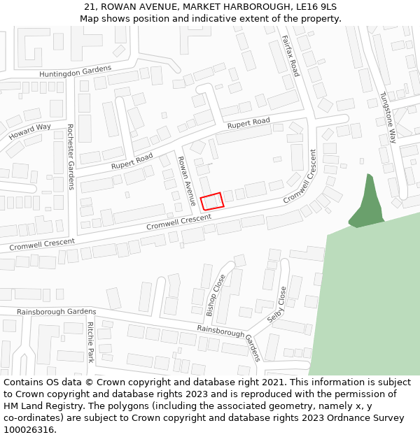 21, ROWAN AVENUE, MARKET HARBOROUGH, LE16 9LS: Location map and indicative extent of plot