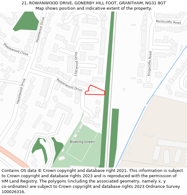 21, ROWANWOOD DRIVE, GONERBY HILL FOOT, GRANTHAM, NG31 8GT: Location map and indicative extent of plot