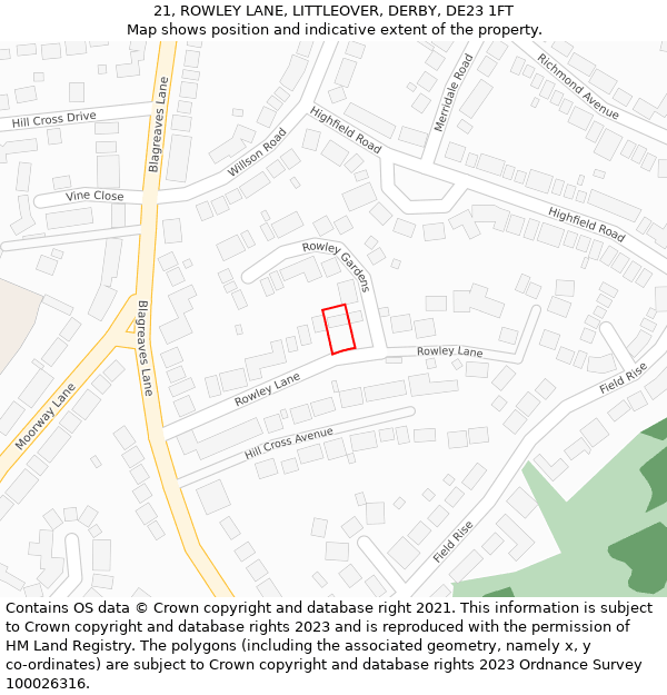 21, ROWLEY LANE, LITTLEOVER, DERBY, DE23 1FT: Location map and indicative extent of plot