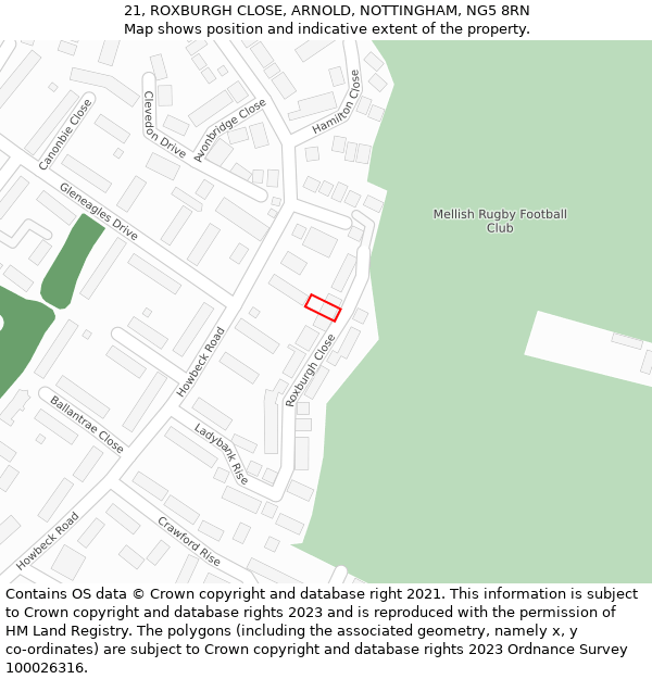 21, ROXBURGH CLOSE, ARNOLD, NOTTINGHAM, NG5 8RN: Location map and indicative extent of plot