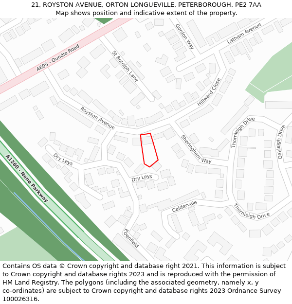 21, ROYSTON AVENUE, ORTON LONGUEVILLE, PETERBOROUGH, PE2 7AA: Location map and indicative extent of plot