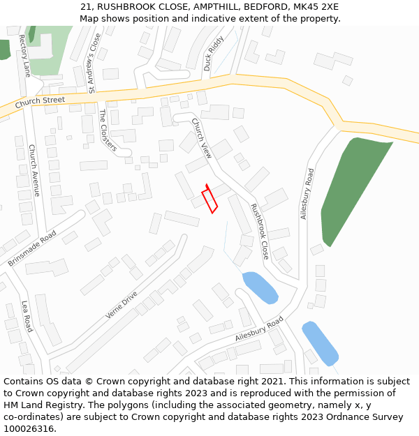 21, RUSHBROOK CLOSE, AMPTHILL, BEDFORD, MK45 2XE: Location map and indicative extent of plot