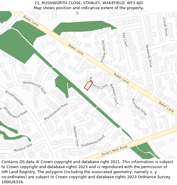 21, RUSHWORTH CLOSE, STANLEY, WAKEFIELD, WF3 4JG: Location map and indicative extent of plot