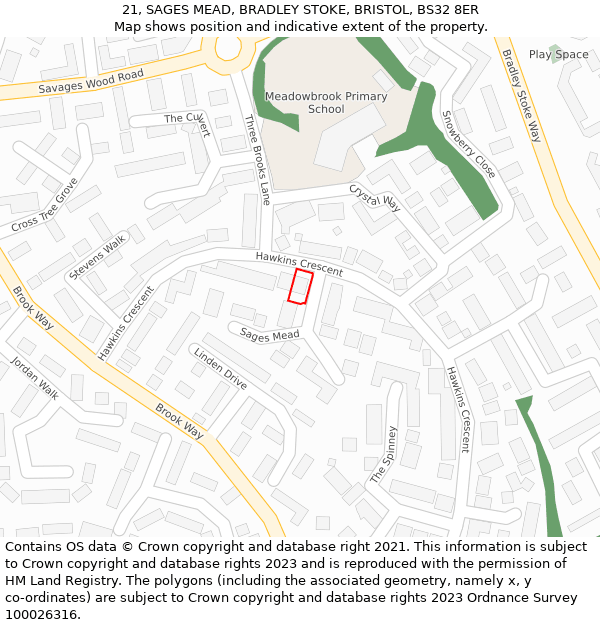 21, SAGES MEAD, BRADLEY STOKE, BRISTOL, BS32 8ER: Location map and indicative extent of plot