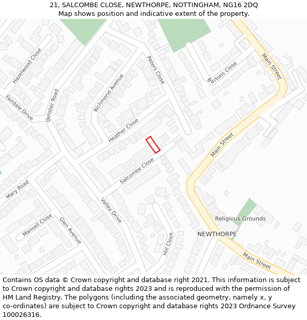 21, SALCOMBE CLOSE, NEWTHORPE, NOTTINGHAM, NG16 2DQ: Location map and indicative extent of plot