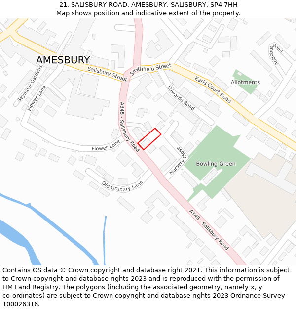 21, SALISBURY ROAD, AMESBURY, SALISBURY, SP4 7HH: Location map and indicative extent of plot