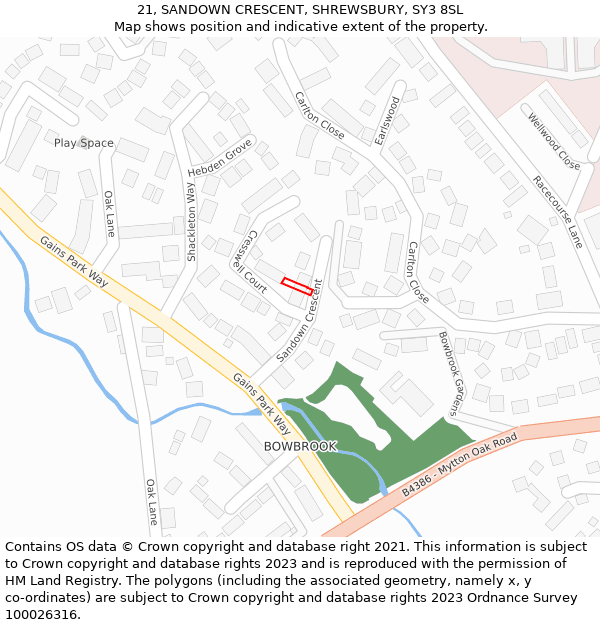 21, SANDOWN CRESCENT, SHREWSBURY, SY3 8SL: Location map and indicative extent of plot