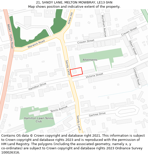 21, SANDY LANE, MELTON MOWBRAY, LE13 0AN: Location map and indicative extent of plot