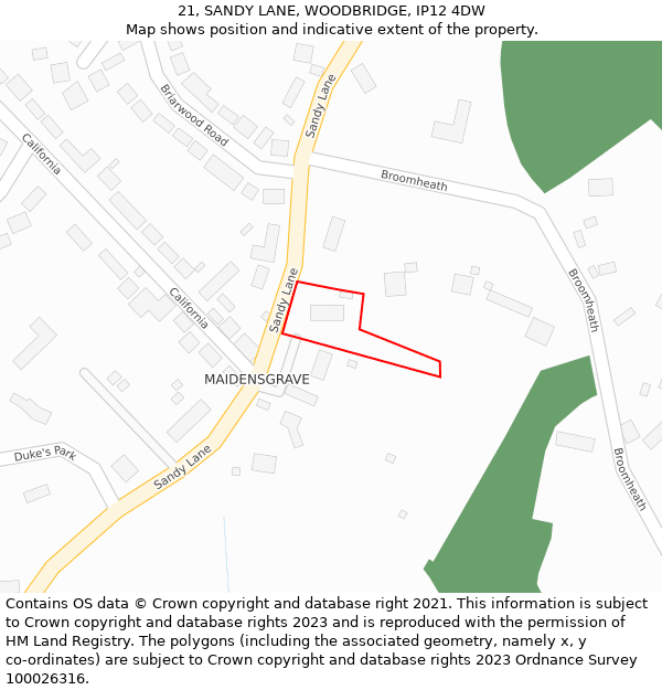 21, SANDY LANE, WOODBRIDGE, IP12 4DW: Location map and indicative extent of plot