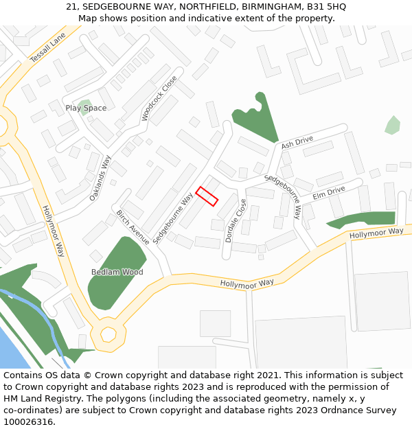 21, SEDGEBOURNE WAY, NORTHFIELD, BIRMINGHAM, B31 5HQ: Location map and indicative extent of plot