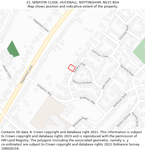 21, SENATOR CLOSE, HUCKNALL, NOTTINGHAM, NG15 8GH: Location map and indicative extent of plot