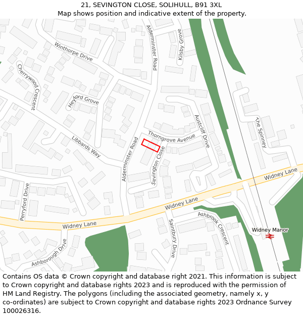 21, SEVINGTON CLOSE, SOLIHULL, B91 3XL: Location map and indicative extent of plot