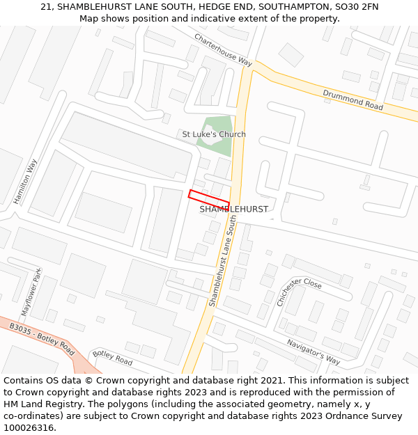 21, SHAMBLEHURST LANE SOUTH, HEDGE END, SOUTHAMPTON, SO30 2FN: Location map and indicative extent of plot