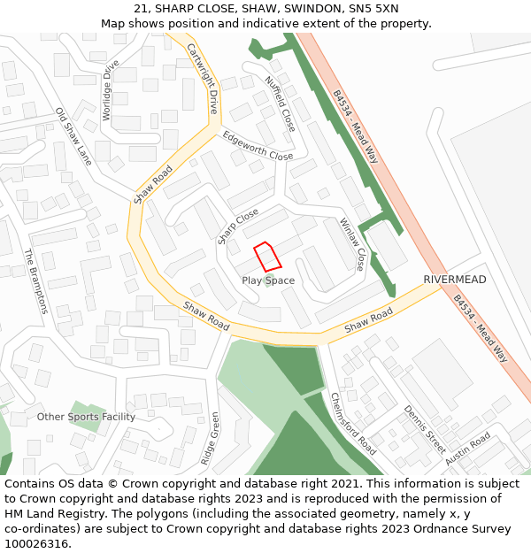 21, SHARP CLOSE, SHAW, SWINDON, SN5 5XN: Location map and indicative extent of plot