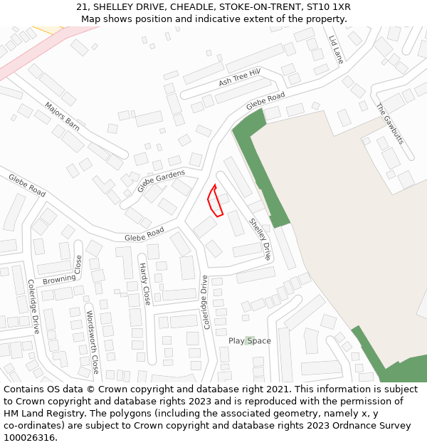 21, SHELLEY DRIVE, CHEADLE, STOKE-ON-TRENT, ST10 1XR: Location map and indicative extent of plot