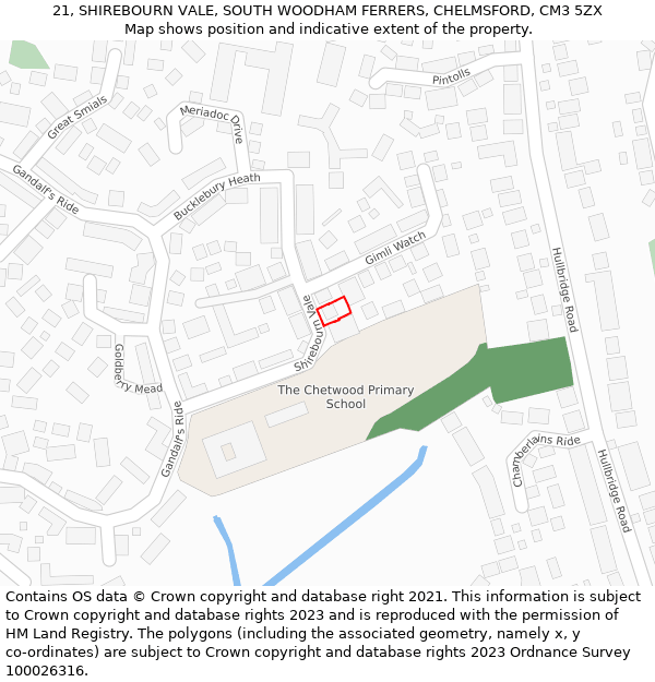 21, SHIREBOURN VALE, SOUTH WOODHAM FERRERS, CHELMSFORD, CM3 5ZX: Location map and indicative extent of plot